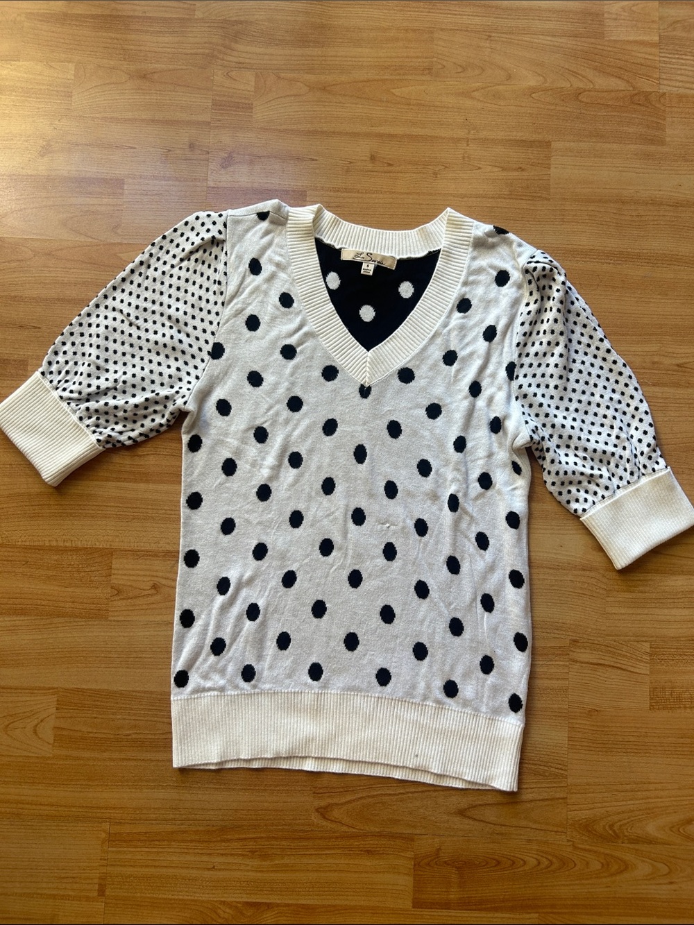 Polka Dot V-Neck Sweater — White with Black Dots
